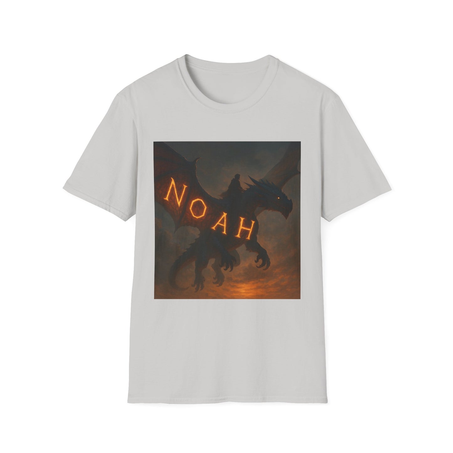 White T-shirt with a square graphic of a dark dragon and glowing orange letters spelling NOAH across its body.