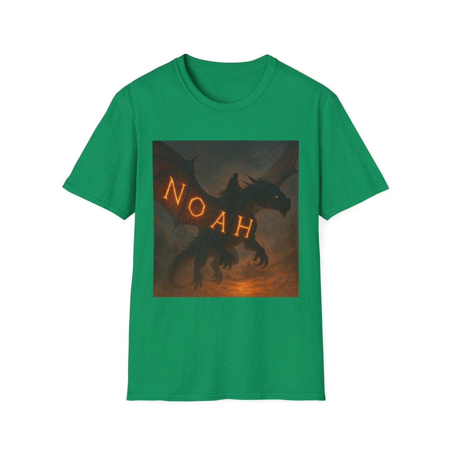 Green T-shirt featuring a square graphic of a dark dragon with rider and glowing orange letters spelling NOAH.