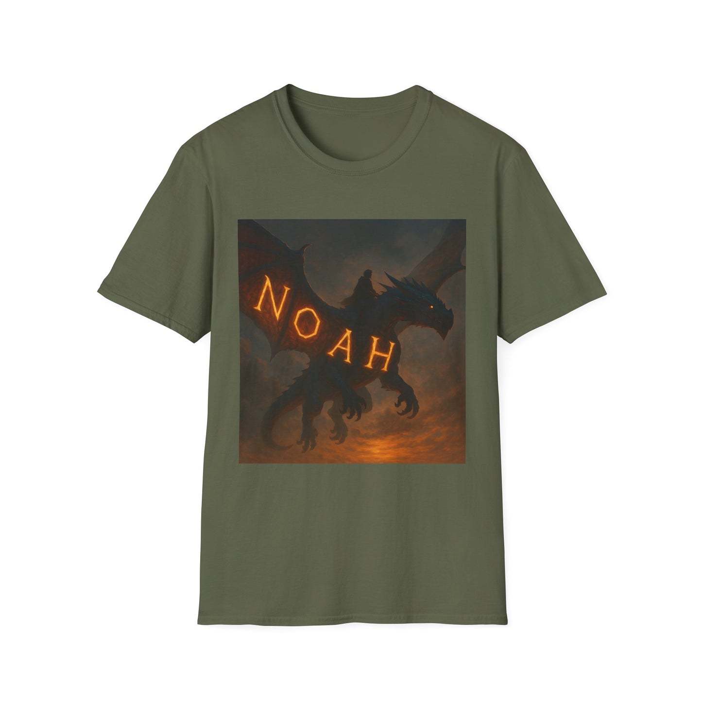 Olive green T-shirt with a dark dragon silhouette and glowing orange letters spelling “NOAH” across its wings.