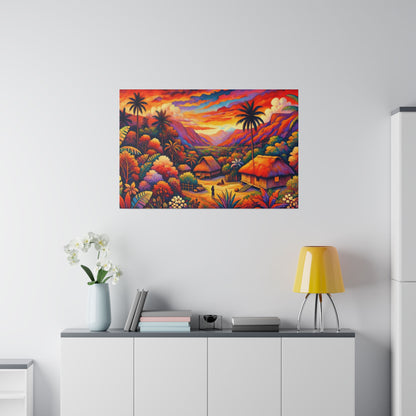 Colorful tropical landscape painting with palm trees, thatched huts, and mountains hanging above a white cabinet in a modern room.