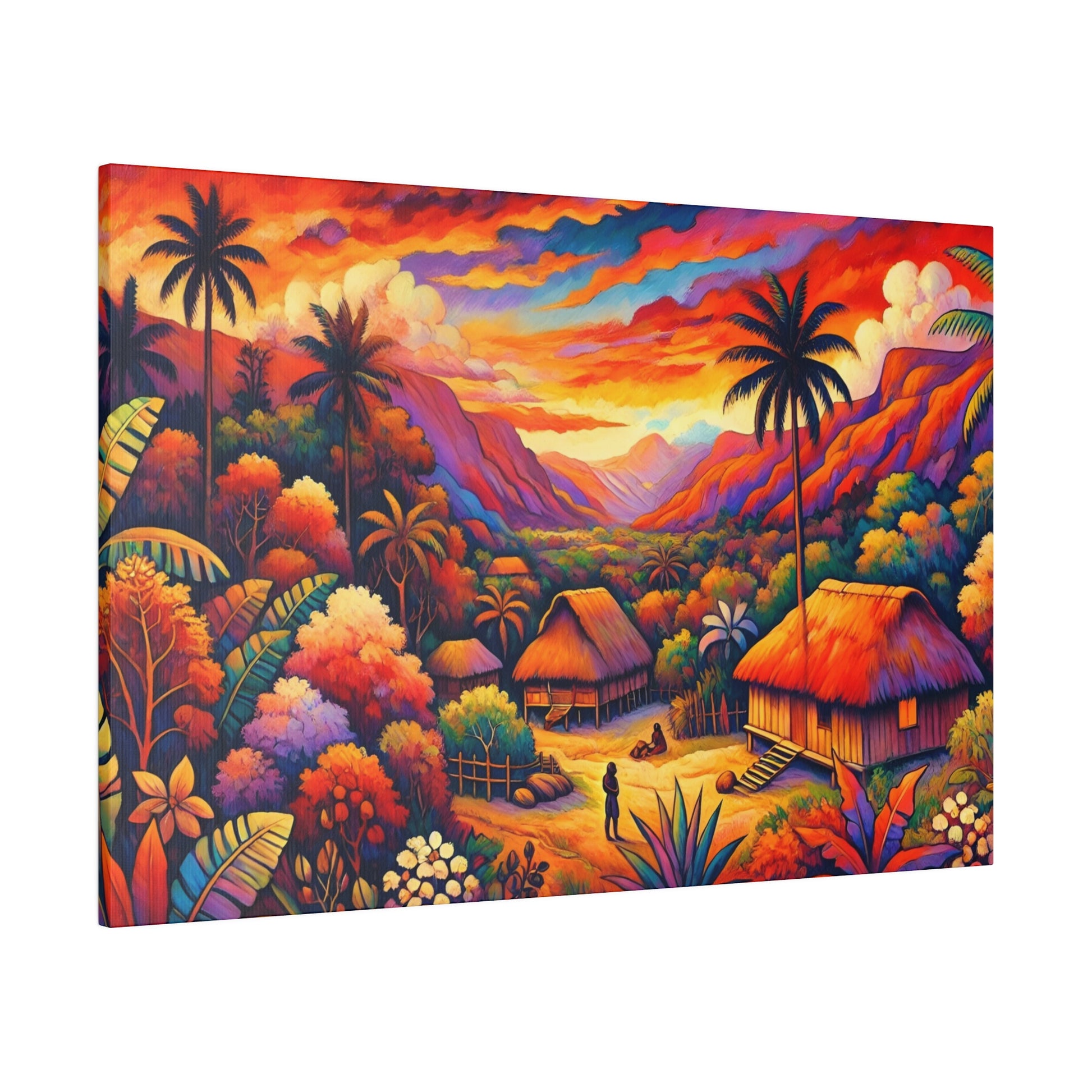 Colorful tropical landscape painting showing thatched huts, palm trees, and vibrant sunset over mountains.