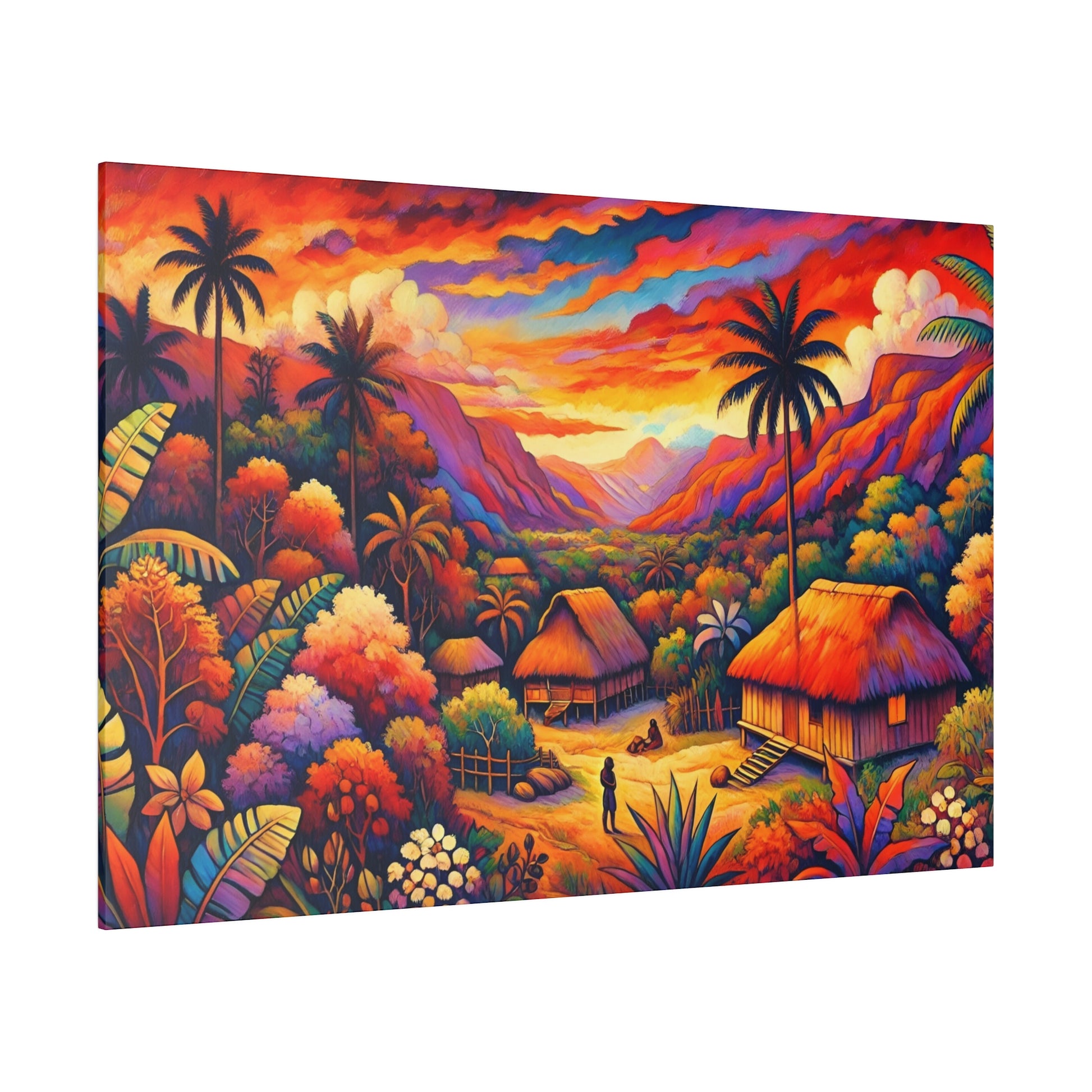 Colorful tropical landscape painting of a village with thatched huts, palm trees, and a vibrant sunset over mountains.