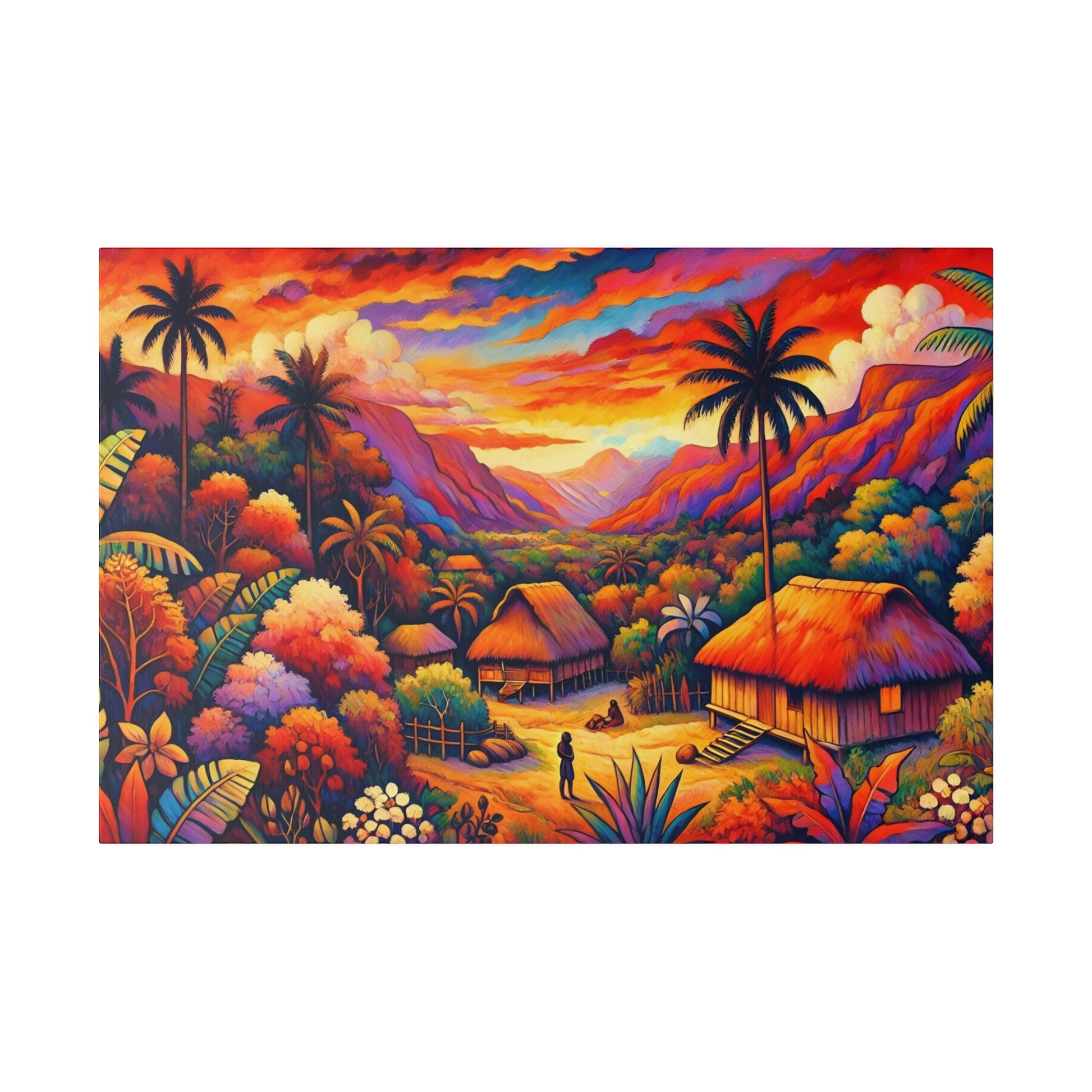 Colorful tropical landscape painting featuring thatched huts, palm trees, and a vibrant sunset over a valley.
