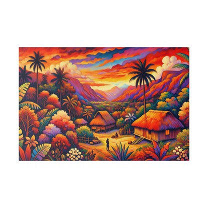 Vibrant tropical landscape painting with thatched huts, tall palm trees, and a fiery sunset over a lush valley.