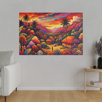 Bright tropical landscape painting with thatched huts, palm trees, and a colorful sunset over a valley.