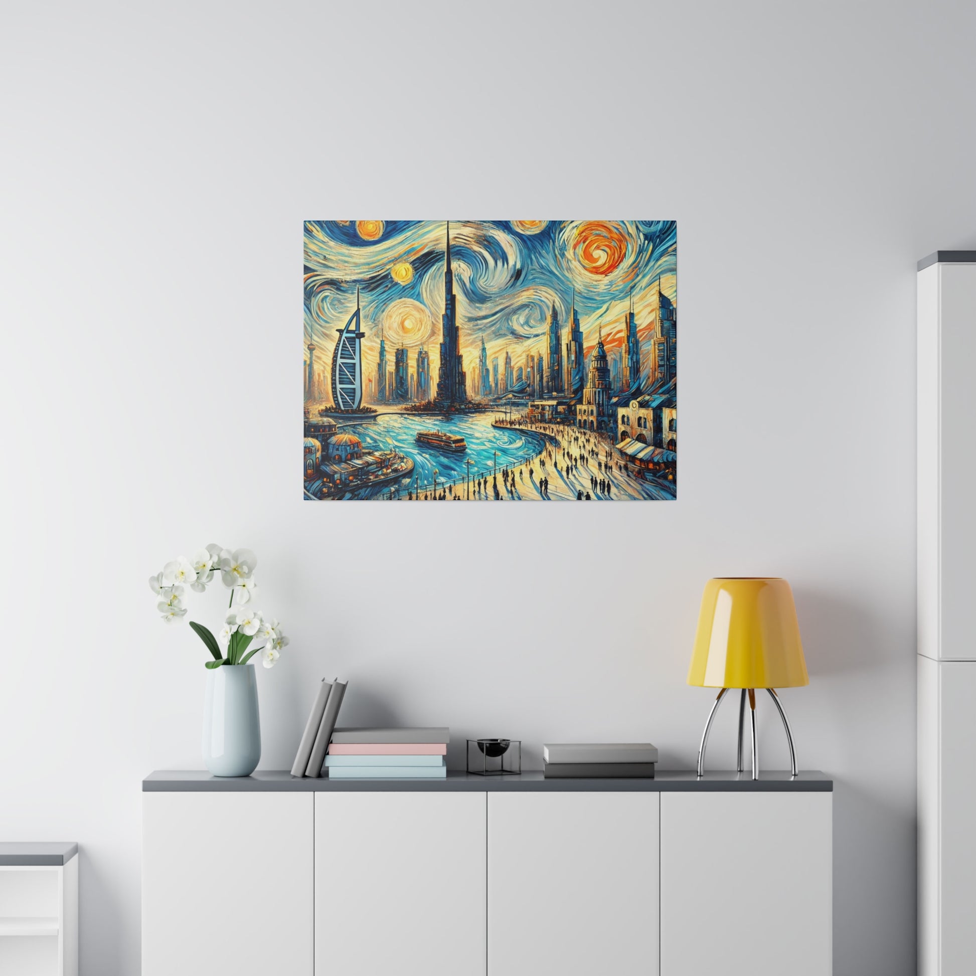 Square wall art depicting a vibrant, swirling city skyline in blue, yellow, and orange tones above a white cabinet.
