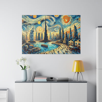 Colorful cityscape painting mounted on a white wall, depicting a riverfront with boats and tall futuristic skyscrapers under a swirling sky.