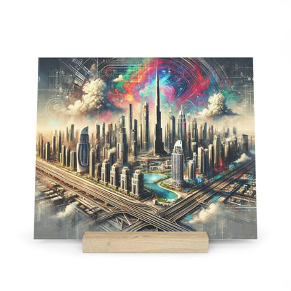 Square canvas print of a futuristic city skyline with colorful swirling sky and tall skyscrapers, mounted on a wooden display block.