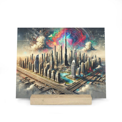 Square art print depicting a futuristic city skyline with tall glass skyscrapers, a multicolored sky, and crisscrossing elevated highways.
