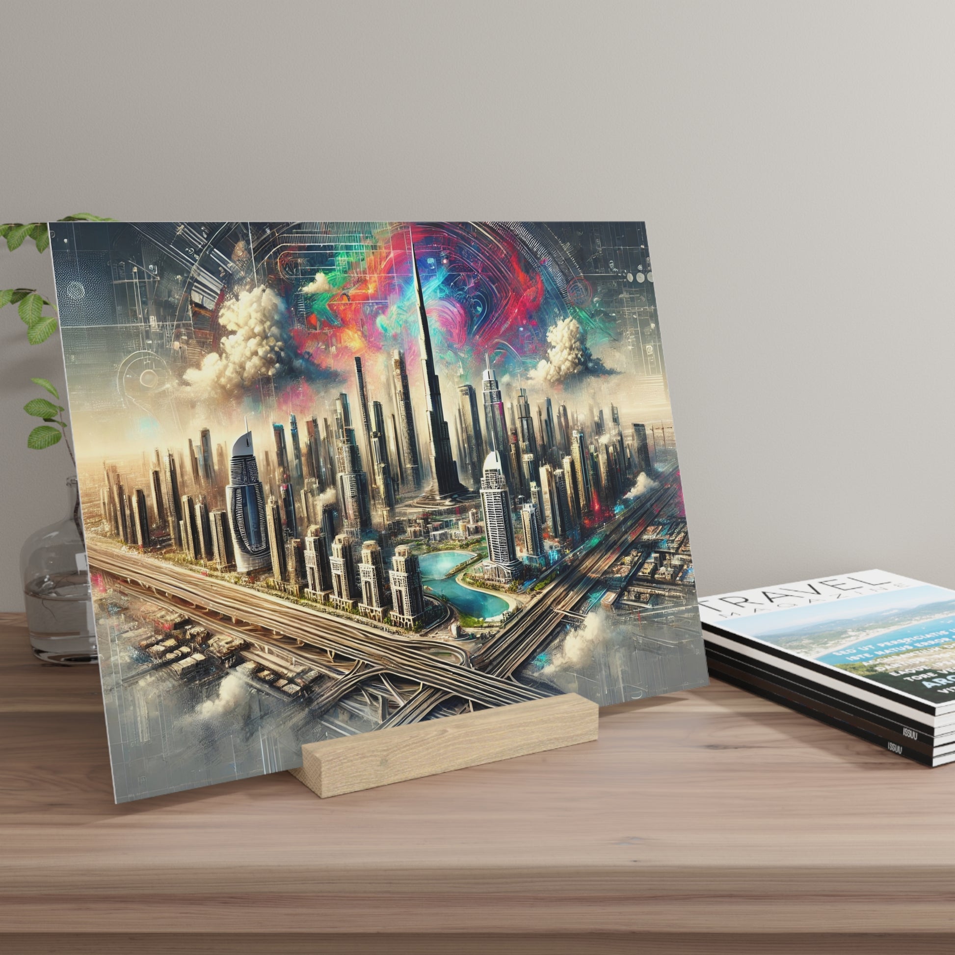 Vibrant futuristic cityscape art print on a wooden stand, showing tall skyscrapers, elevated highways, and a colorful sky.