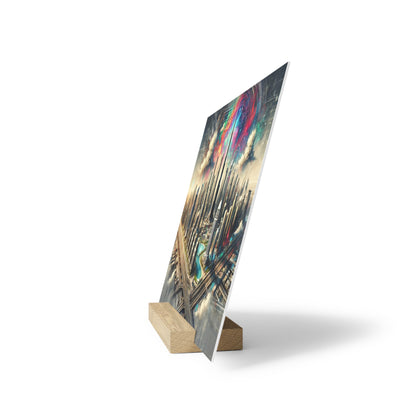 Tilted poster on a small wooden stand features a colorful cityscape with tall spires and rainbow accents.