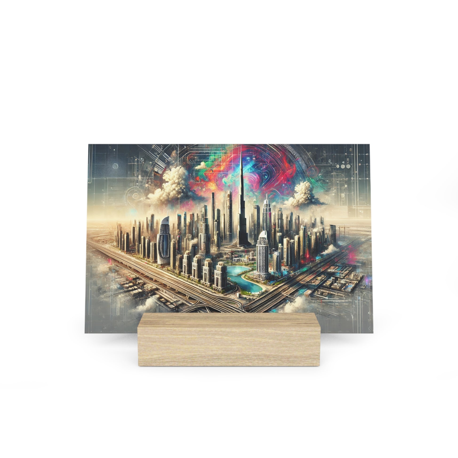 Colorful futuristic cityscape illustration with tall skyscrapers and a wooden display stand in front.