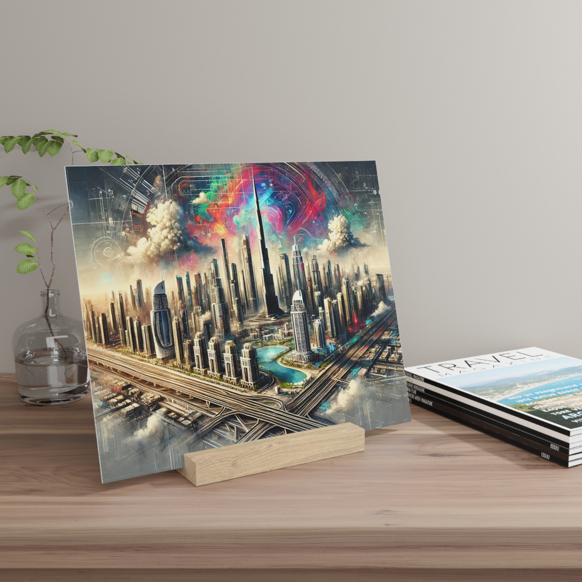 Colorful urban skyline art print on a wooden stand displayed on a light wood table beside a glass vase with a plant and travel magazines.