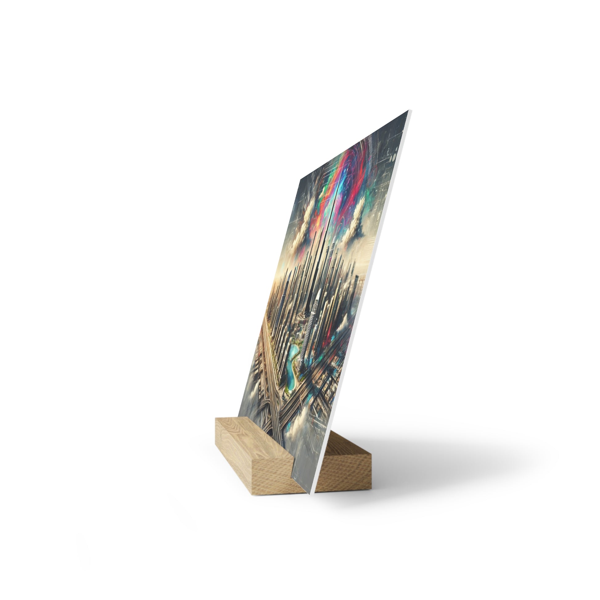 A tall, angled printed photo of a colorful cityscape rests on a light wood easel stand.