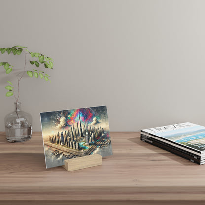 A colorfully illustrated cityscape postcard on a wooden stand sits on a light wood desk beside a glass vase with a leafy branch and a