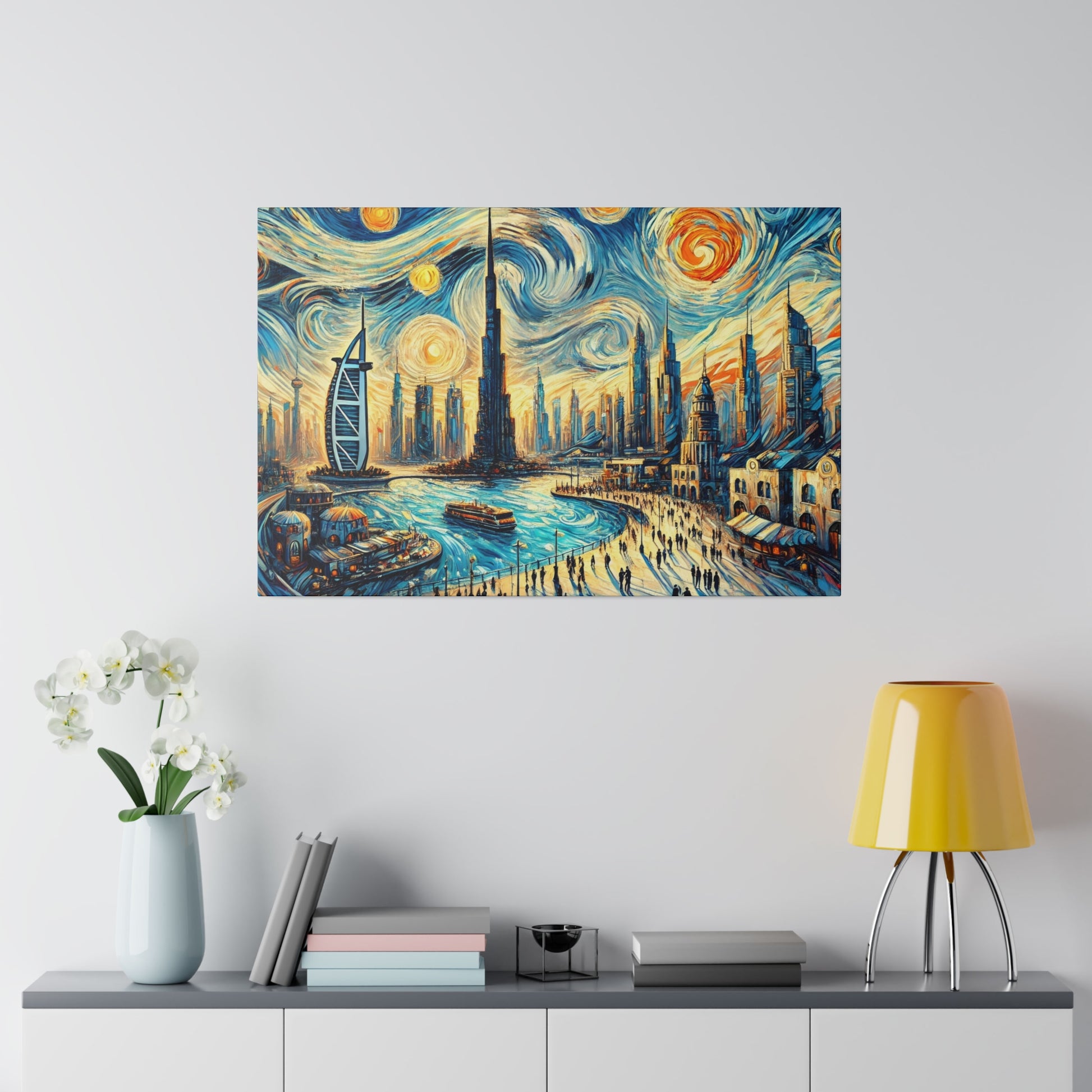 Colorful painting of a Dubai skyline featuring tall buildings along a waterfront and a swirled blue-orange sky.