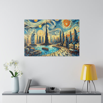 Colorful painting of a Dubai skyline featuring tall buildings along a waterfront and a swirled blue-orange sky.
