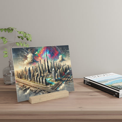 Colorful cityscape poster on a wooden stand leaning on a light wooden desk beside a glass vase with greenery and travel magazines.