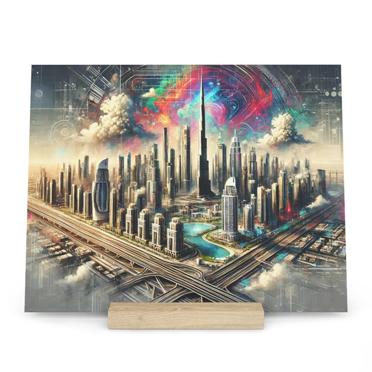 Futuristic city skyline with tall glass skyscrapers, winding elevated highways, and a multicolored, swirling sky.