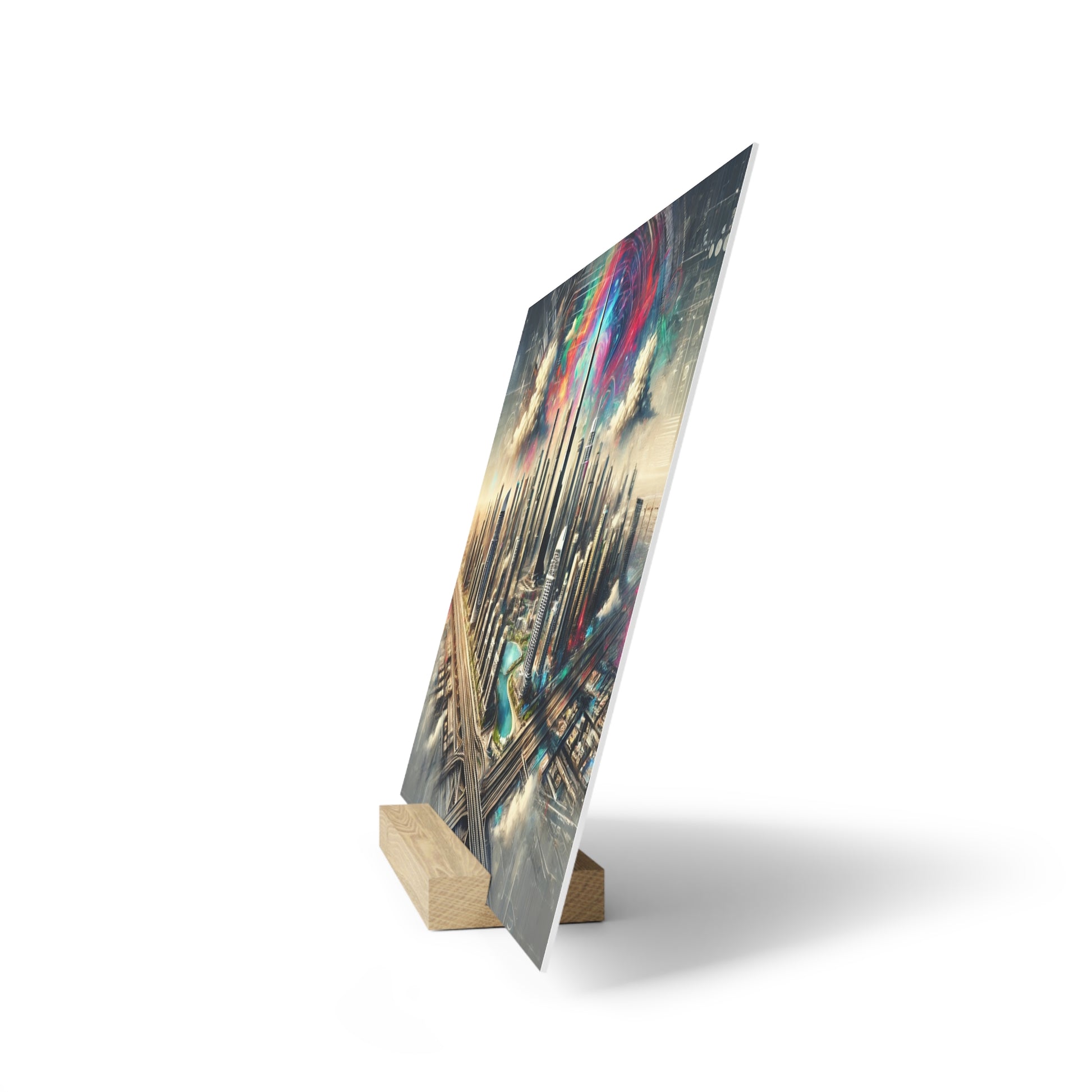 Tall printed poster on a wooden easel stand, depicting a vibrant cityscape with colorful light trails.
