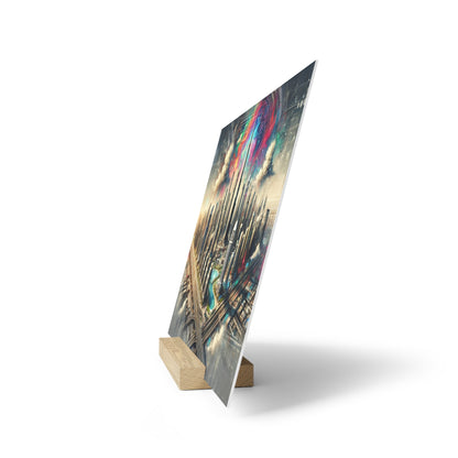Tall printed poster on a wooden easel stand, depicting a vibrant cityscape with colorful light trails.