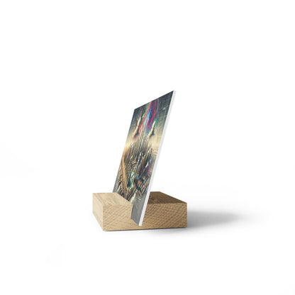 Vertical poster with a colorful cityscape print on a light wooden display stand, angled on a white surface.