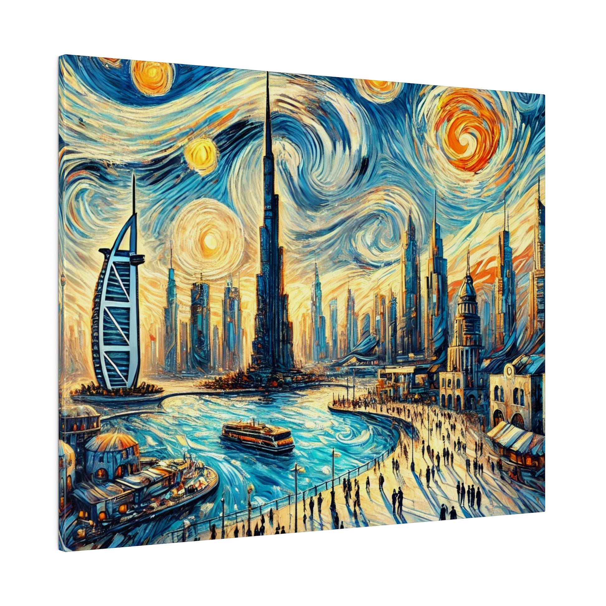 A three-panel painting of a futuristic city skyline with blue and gold swirled sky, tall skyscrapers, and a waterfront promenade.