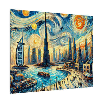 A three-panel painting of a futuristic city skyline with blue and gold swirled sky, tall skyscrapers, and a waterfront promenade.