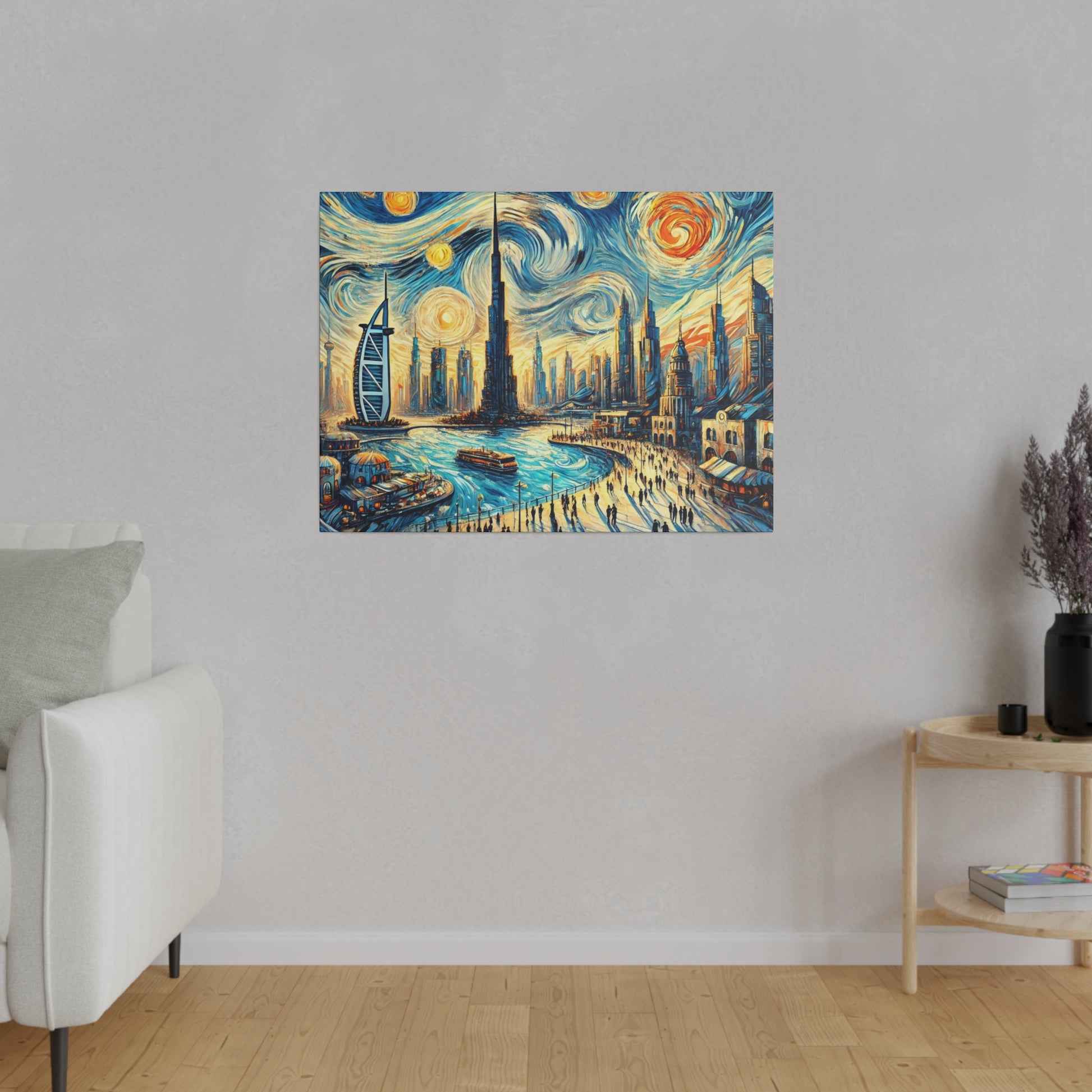 Four-panel painting of a vibrant blue and yellow city skyline with a swirling sky over a river.