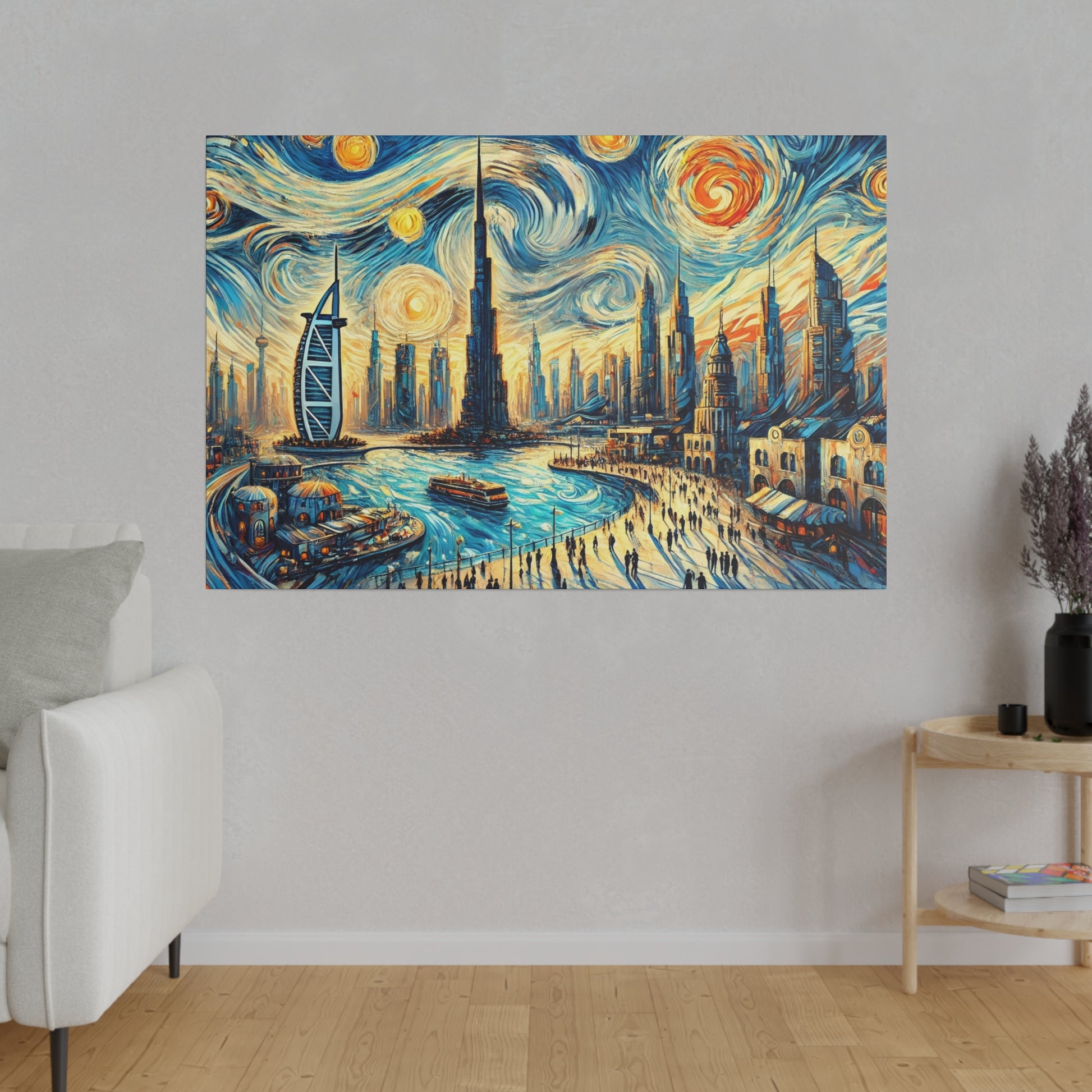 Colorful cityscape painting of a futuristic skyline along a river, with swirling blue sky and a crowded promenade.