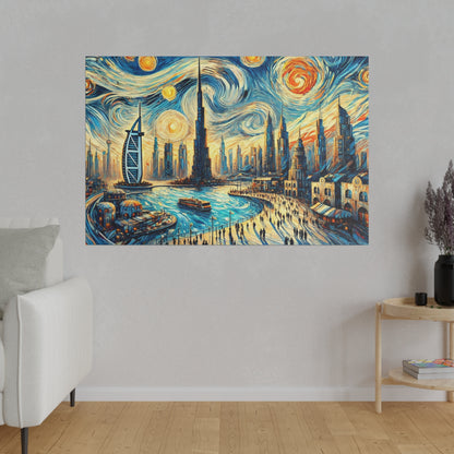 Colorful cityscape painting of a futuristic skyline along a river, with swirling blue sky and a crowded promenade.