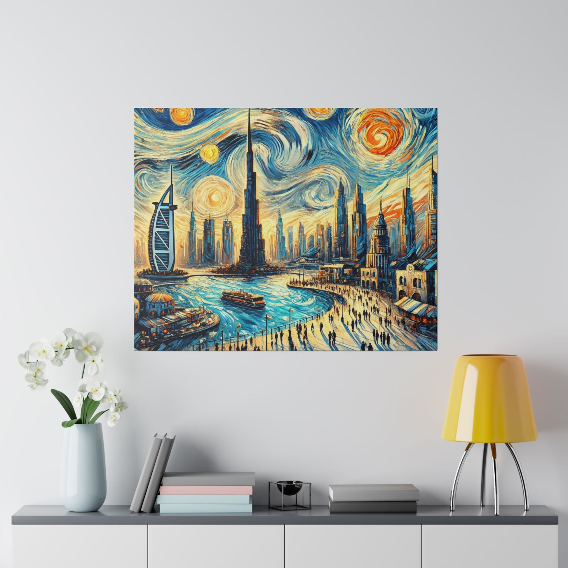 Colorful painting of a futuristic city skyline with a swirling blue and yellow sky, riverfront promenade, and boats.