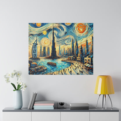 Colorful painting of a futuristic city skyline with a swirling blue and yellow sky, riverfront promenade, and boats.