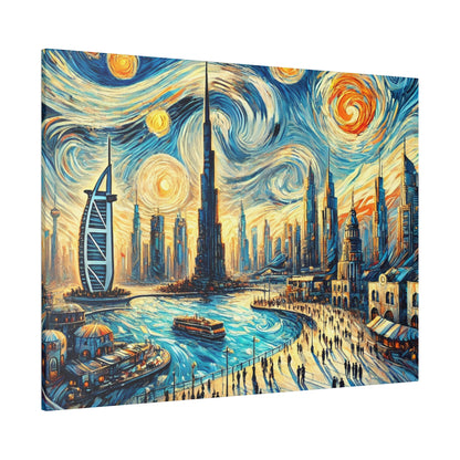 Three-panel painting of a futuristic city skyline along a blue river, with swirling yellow and blue skies.