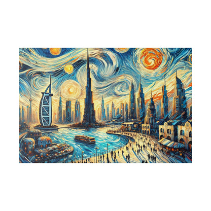 Vibrant city skyline painting with swirling blue and gold sky, tall skyscrapers, a riverfront with boats, and a crowded promenade.