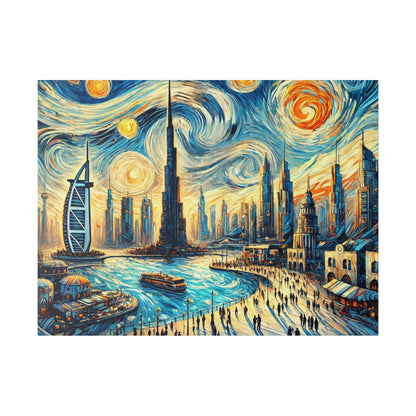 Abstract city skyline painting in blue and yellow swirls, featuring tall skyscrapers and a riverfront.