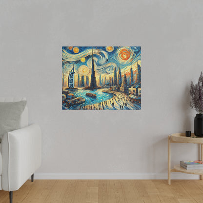 Square painting on a gray wall depicting a blue and yellow city skyline with a river and crowded promenade.