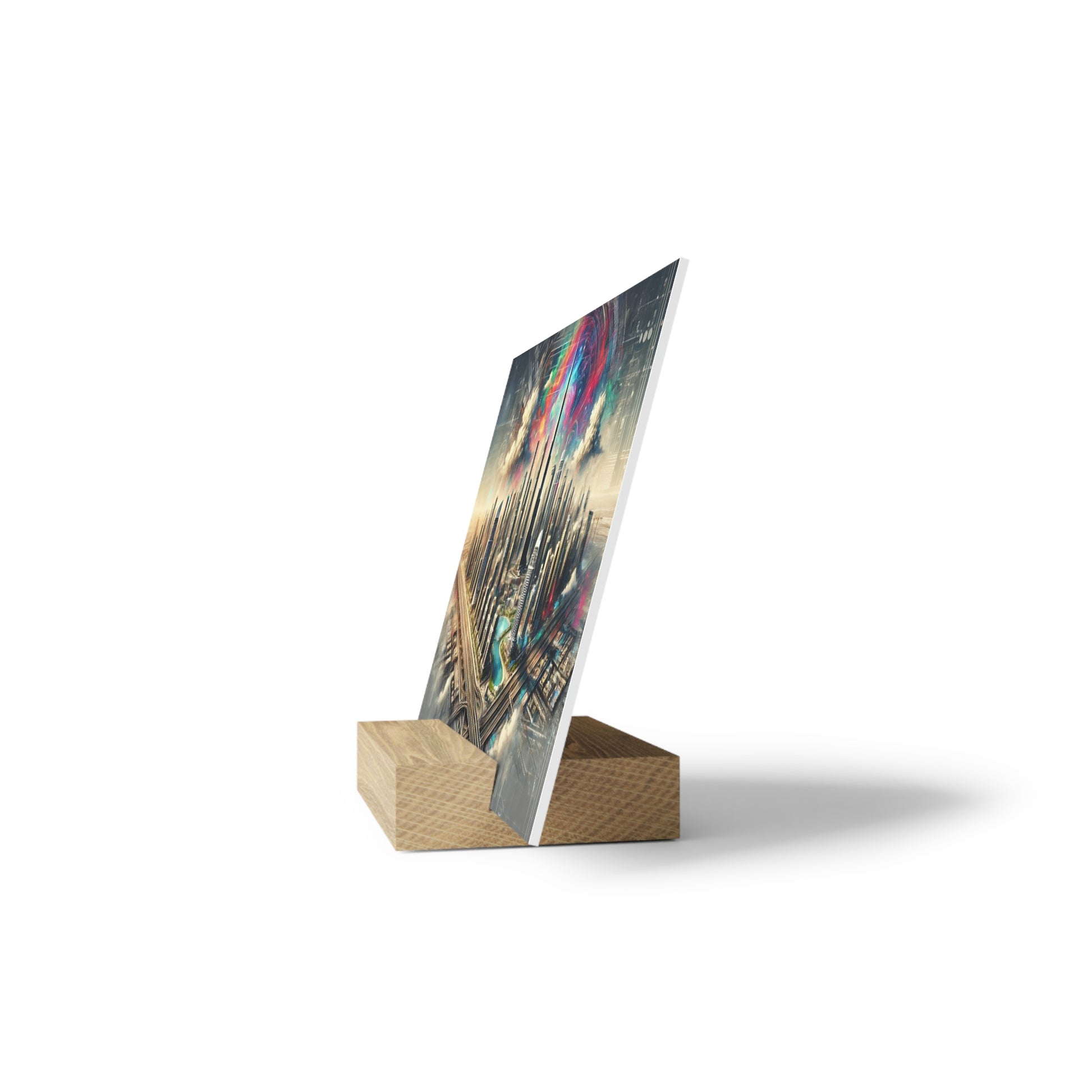 Diagonal poster on a light wood block stand, showing a colorful abstract city skyline.