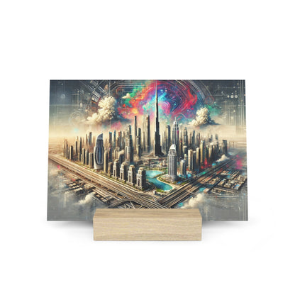 Colorful futuristic cityscape poster with tall skyscrapers, roads, and a river, mounted on a light wood stand.