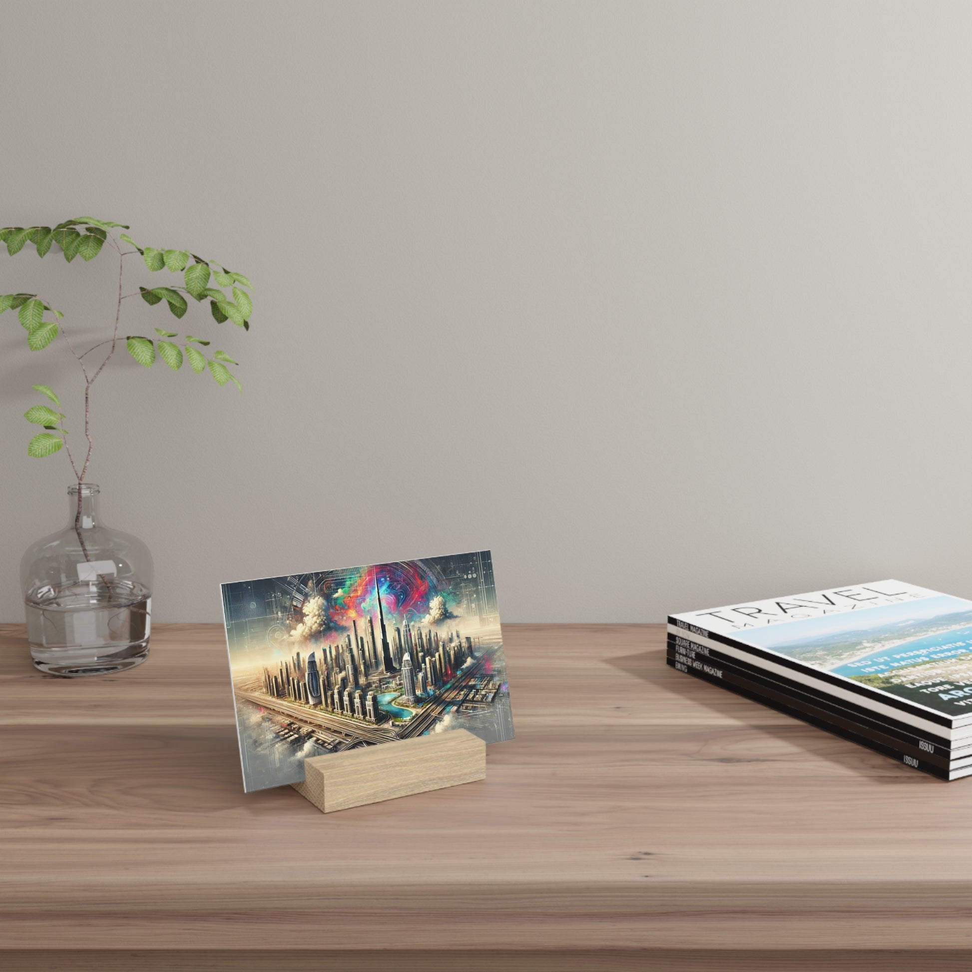 Clear glass vase with a leafy branch sits on a light wood desk beside a colorful cityscape postcard on a small wooden stand and a stack of