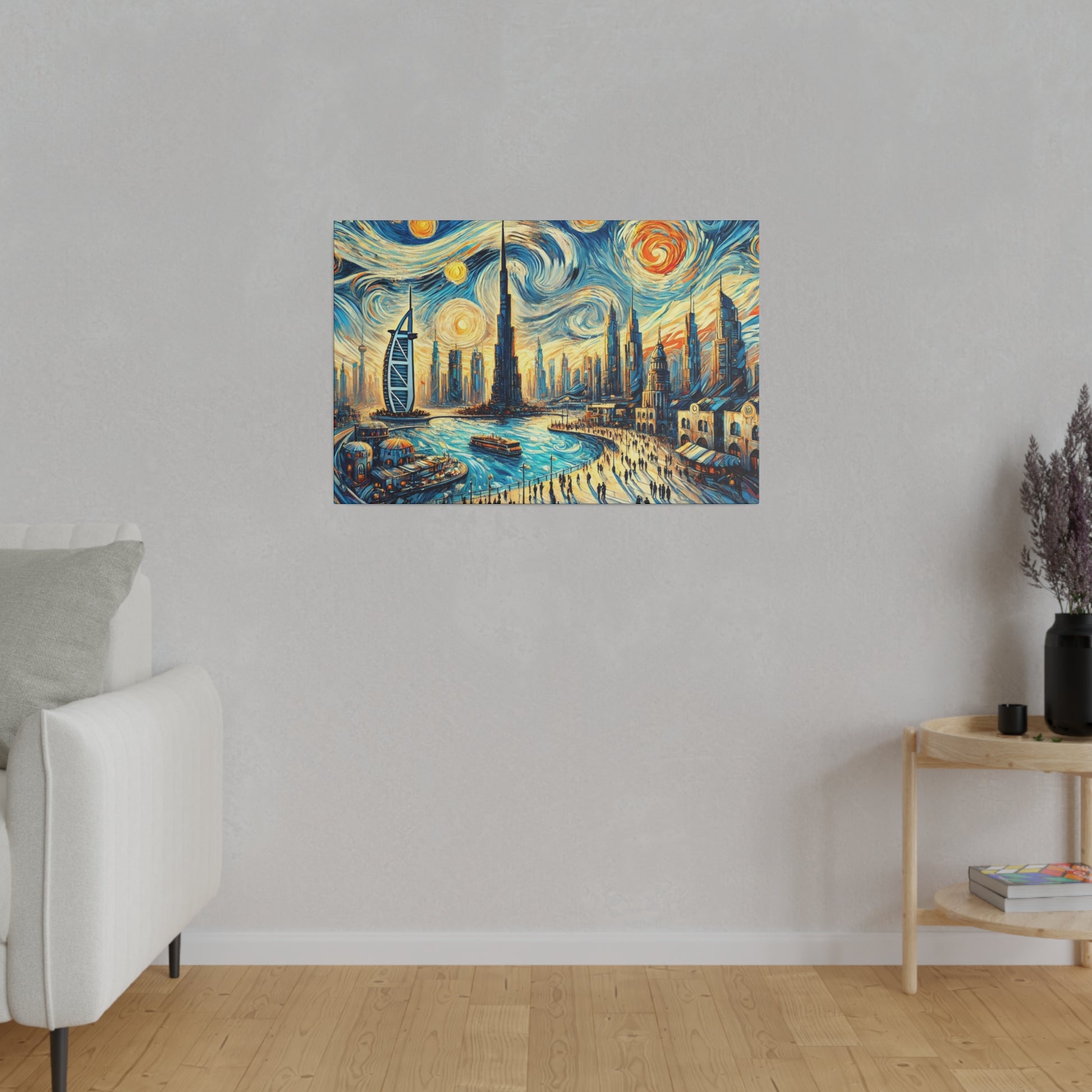 Colorful cityscape painting on a gray wall, featuring a futuristic skyline, blue water, and swirling skies.
