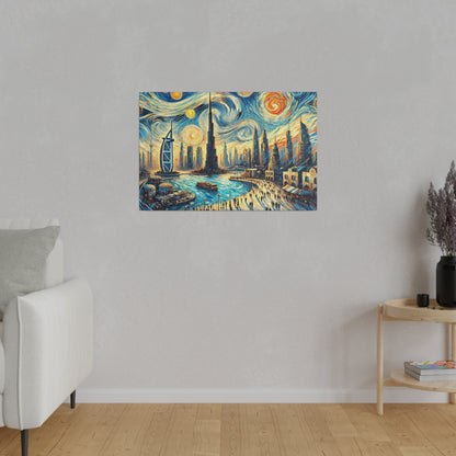 Colorful cityscape painting on a gray wall, featuring a futuristic skyline, blue water, and swirling skies.