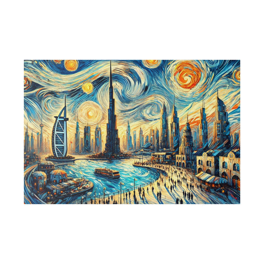 A vibrant, swirling blue-and-gold cityscape painting with futuristic skyscrapers along a river and a sail-shaped building.