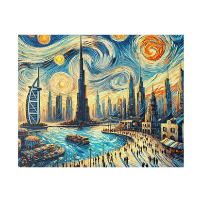 Colorful painting of a futuristic city skyline by a river, with tall blue skyscrapers, boats, and a swirled sky.