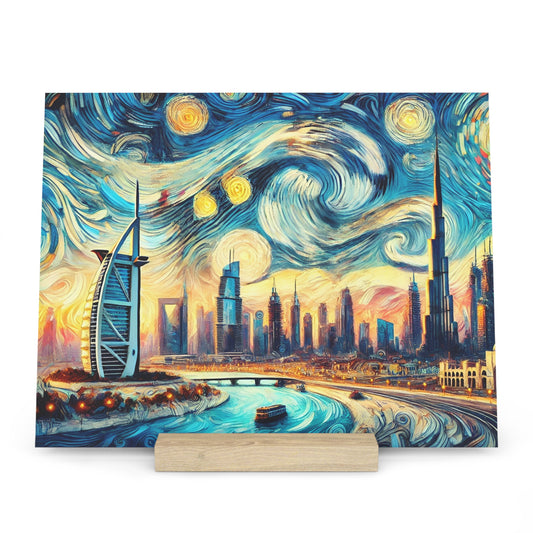 Colorful cityscape painting of Dubai skyline, featuring Burj Al Arab and Burj Khalifa, with a swirling blue sky and river foreground.
