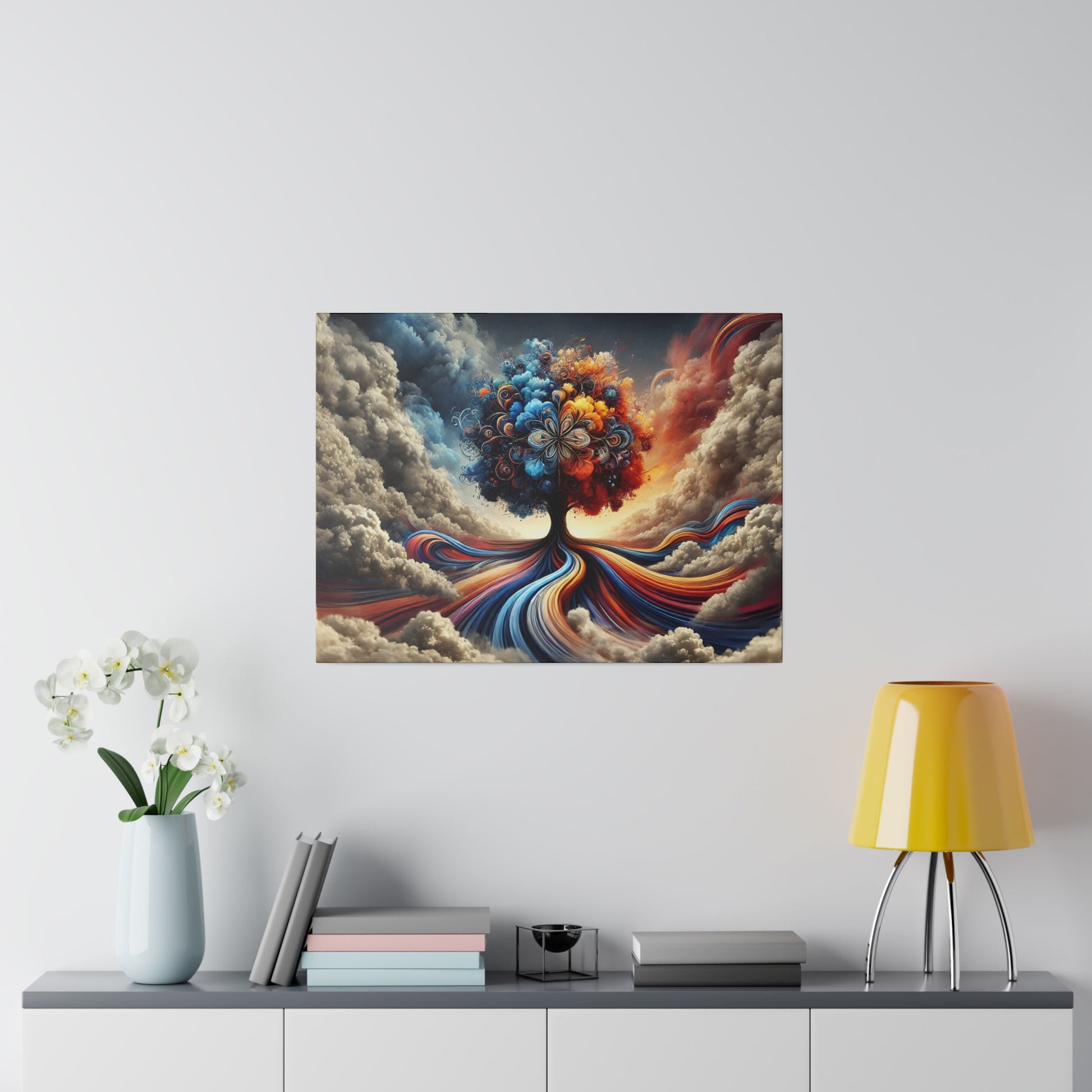 Colorful surreal painting of a tree with rainbow flowing roots and branches against a cloudy sky, mounted on a light gray wall.