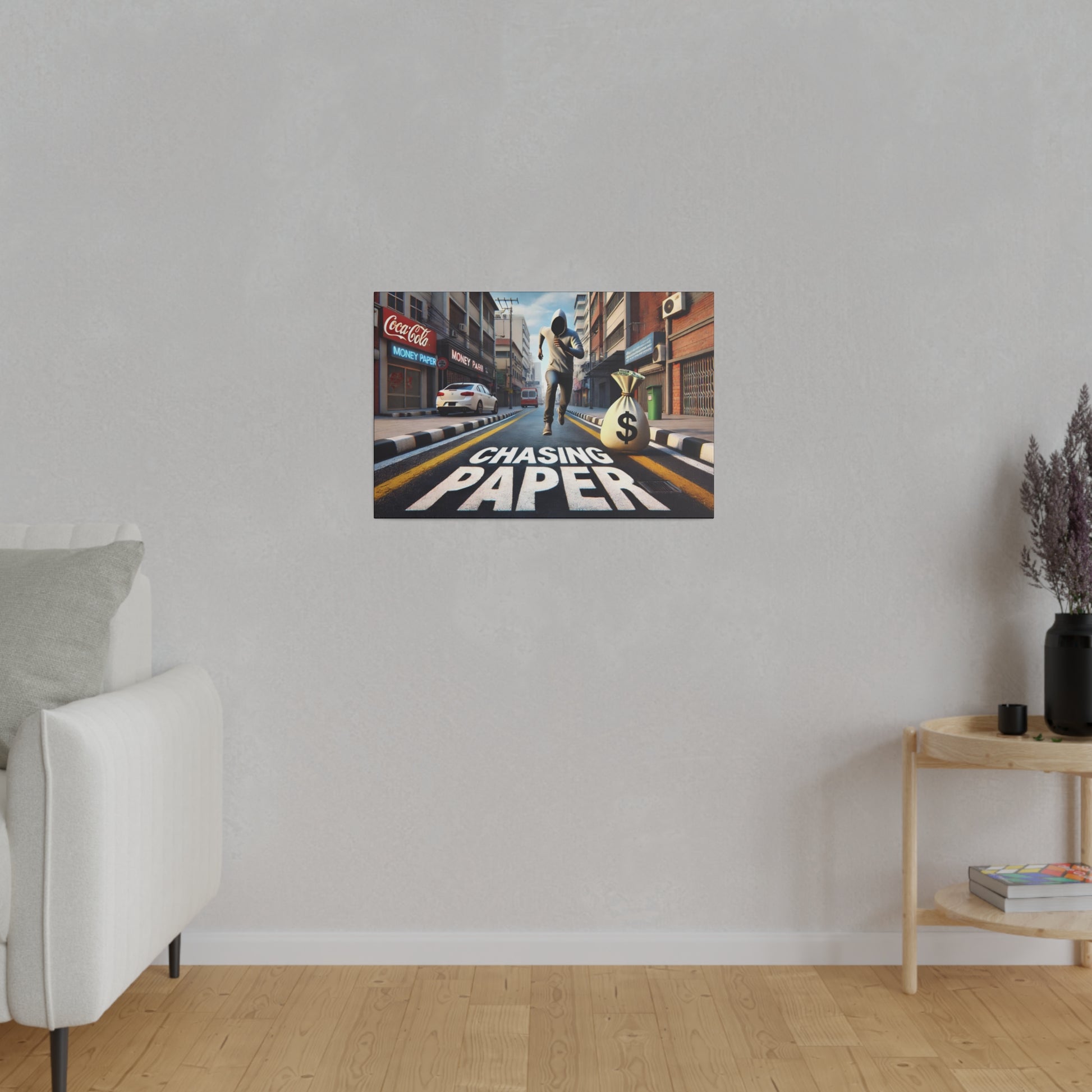 Colorful wall poster of a man running down a city street with a large 'Chasing Paper' title and a money bag.