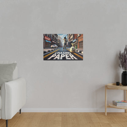 Colorful wall poster of a man running down a city street with a large 'Chasing Paper' title and a money bag.