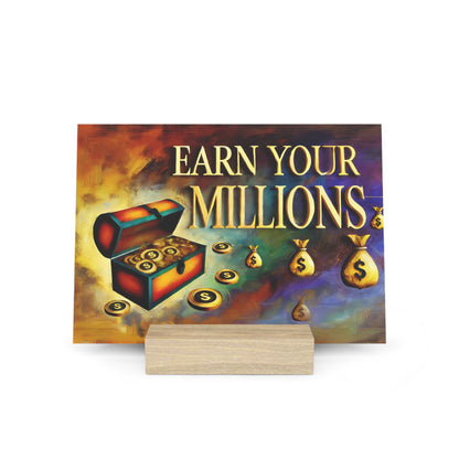 Colorful poster showing an open treasure chest with coins and money bags, with the words "EARN YOUR MILLIONS" on a wooden stand.