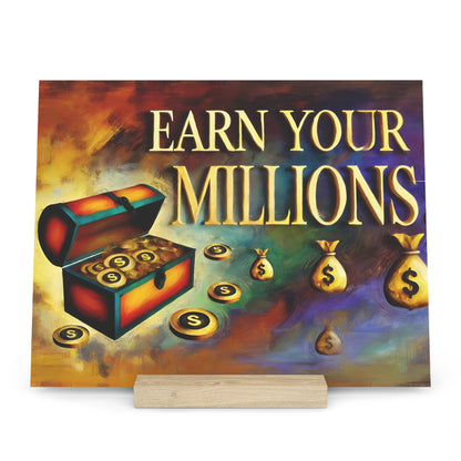 Colorful painting showing a treasure chest with gold coins and money bags, with the words EARN YOUR MILLIONS in large gold letters.